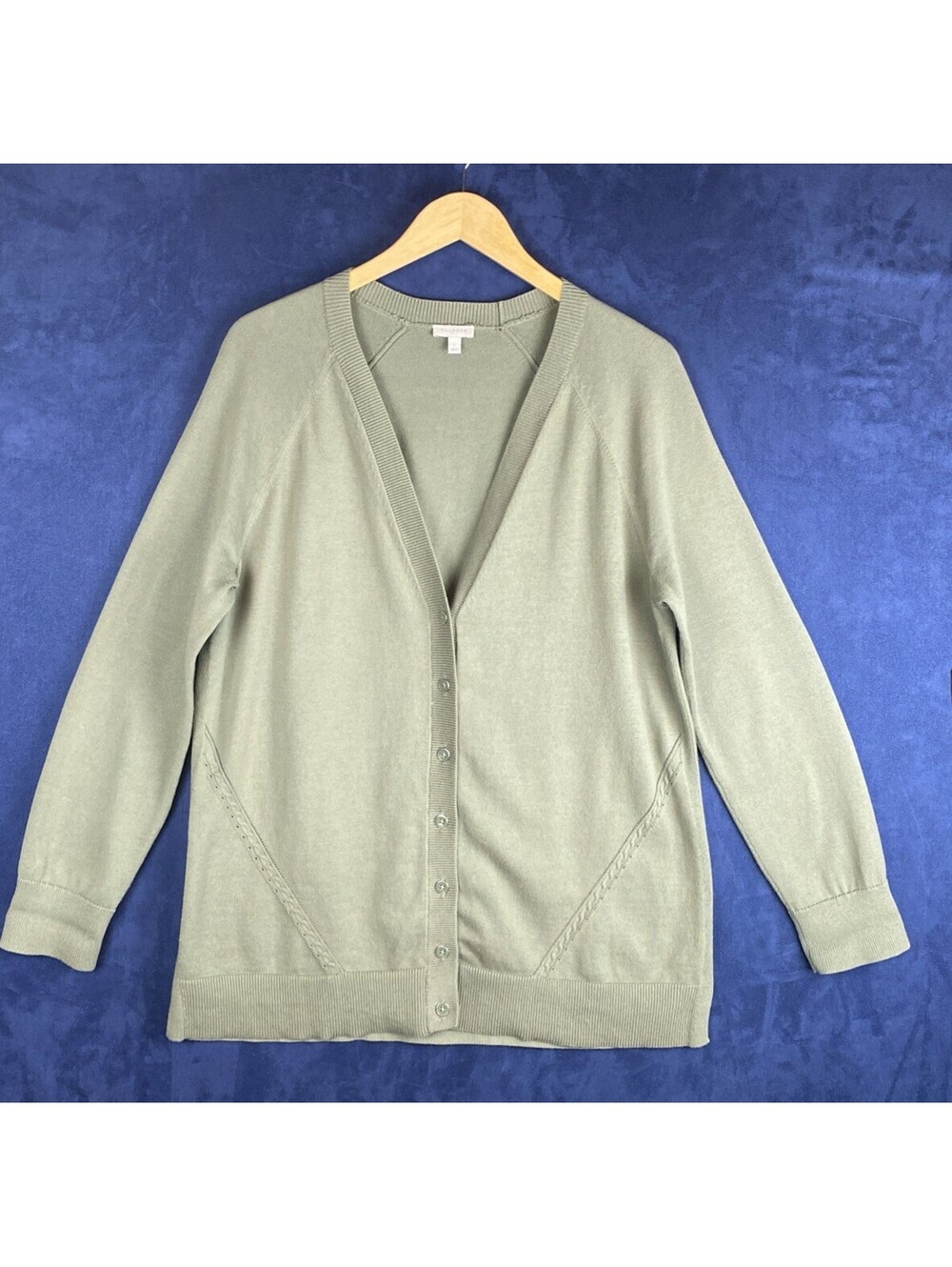 Talbots Women’s L Olive Green V Neck Boyfriend Style Cardigan Long Sleeve Preppy